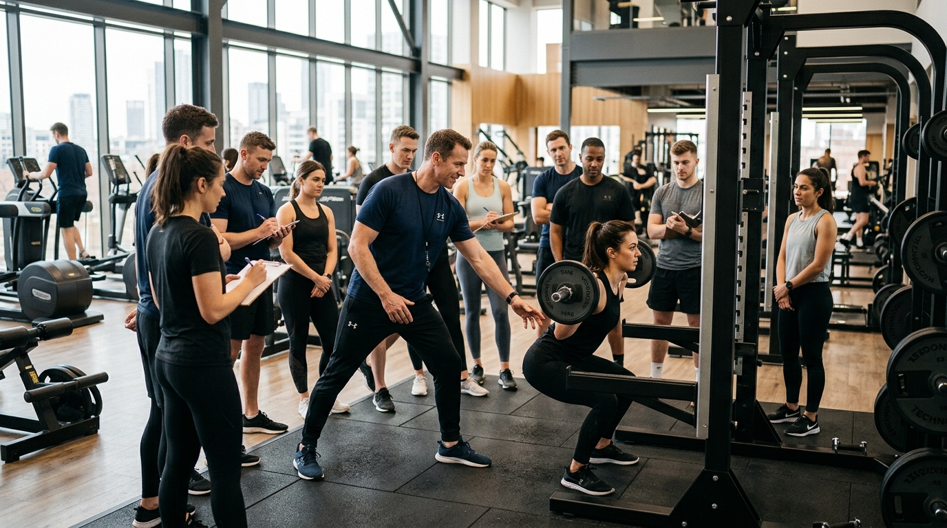 Fitness tutor instructing group of gym instructor students on exercise equipment safety and member coaching