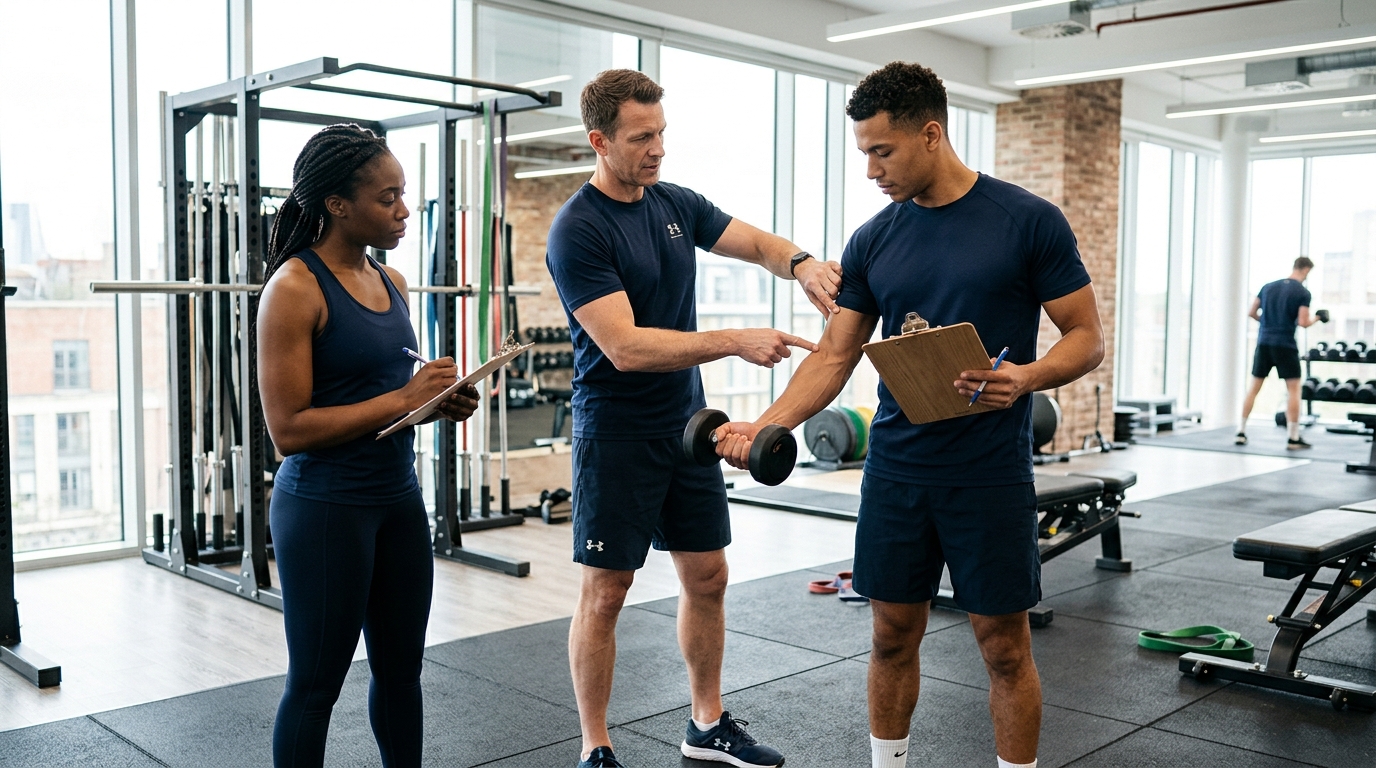 Professional fitness educator working with students in a modern UK training environment
