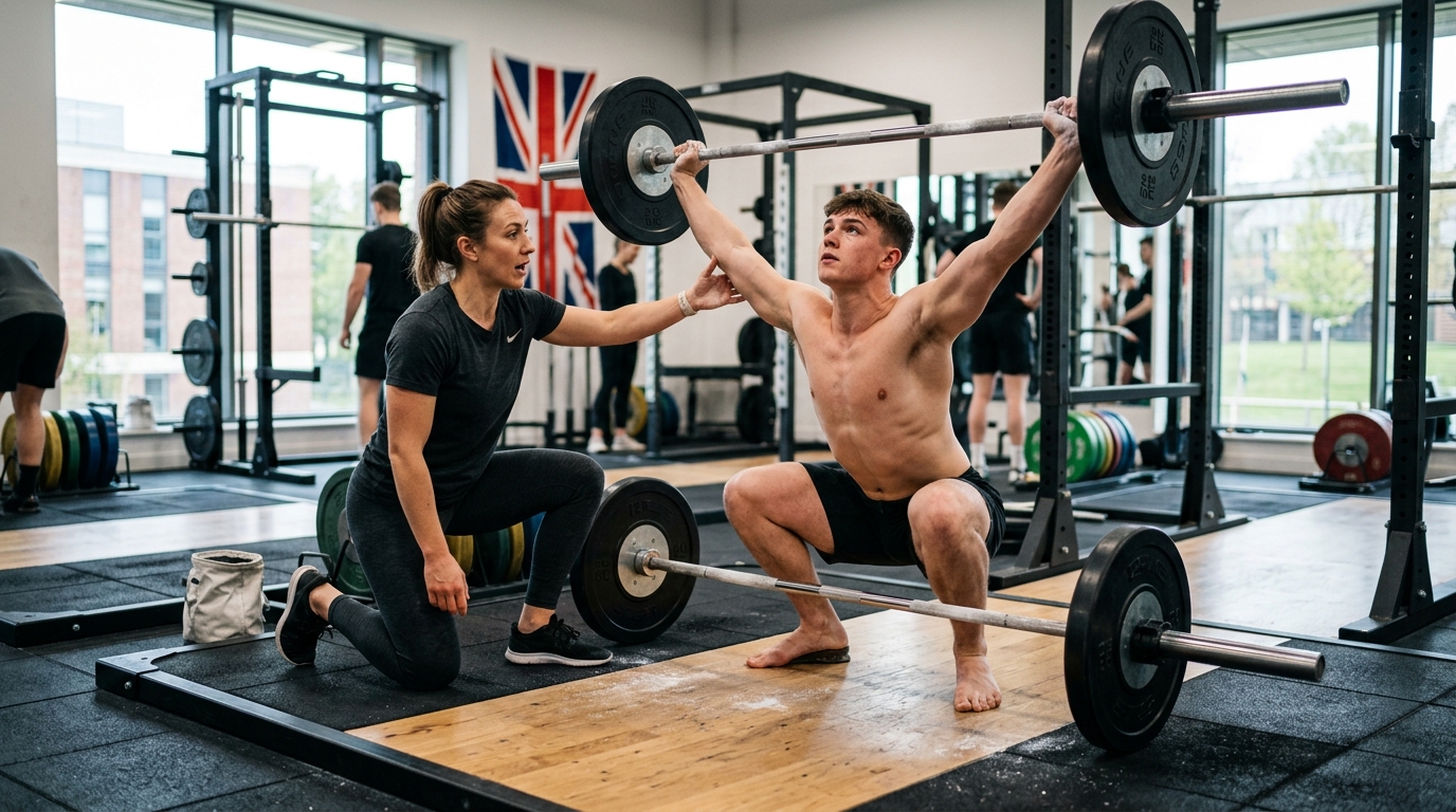 Strength and conditioning educator teaching barbell mechanics and athletic squat positioning in performance gym